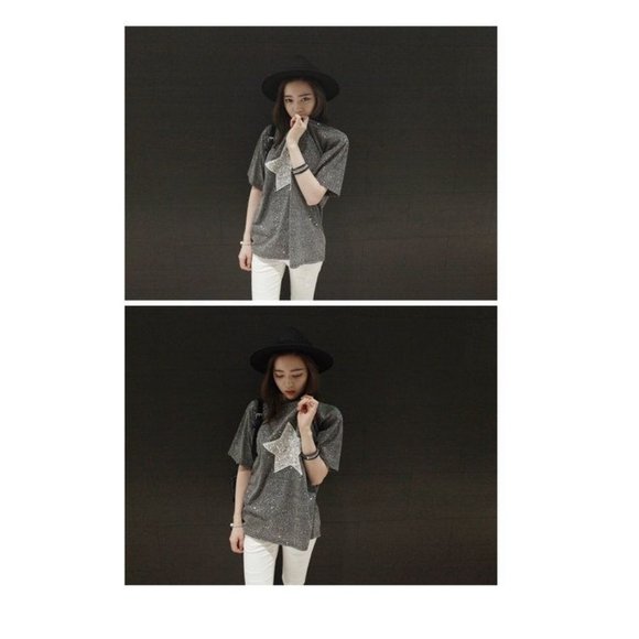 Short-Sleeve Star Printed Glitter T-Shirt Tee Size Small Gray - Picture 3 of 10